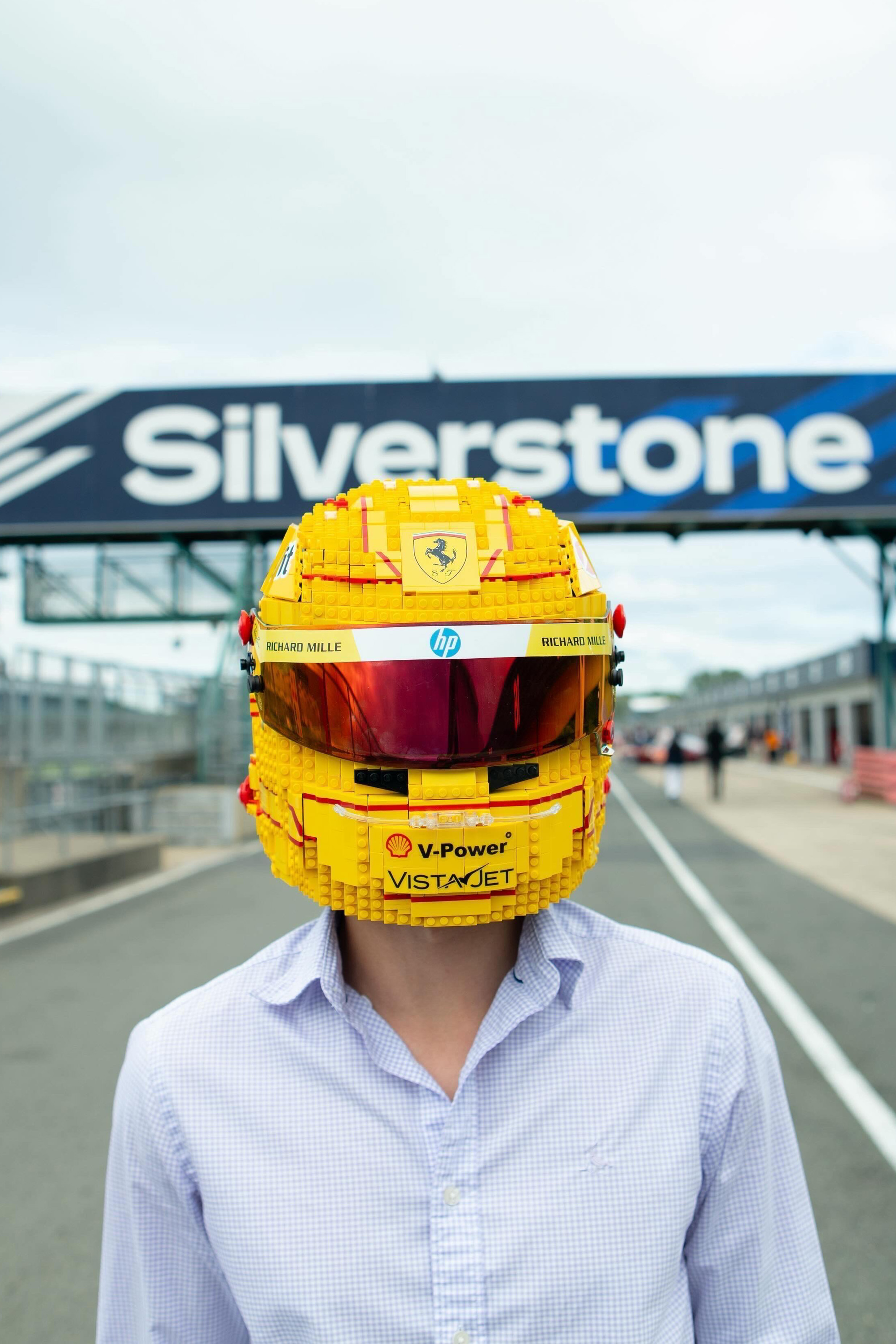 Lewis Hamilton Formula 1 helmet — life-sized LEGO sculpture photographed at Silverstone